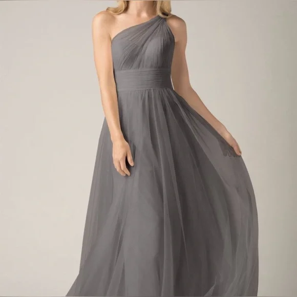 grey tulle bridesmaid dress Grey Blue Cold Shoulder Tulle Junior Bridesmaid Dress main image 0